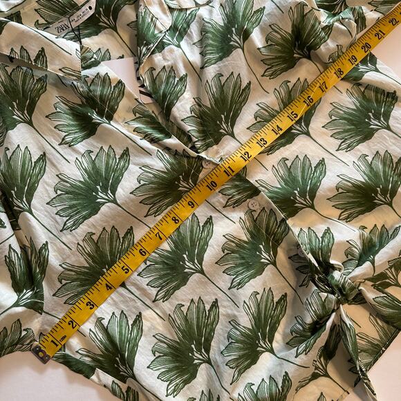 Zara NEW Tropical Cropped Shirt Womens Medium Green Cream Button Tie Waist Top - Picture 8 of 9